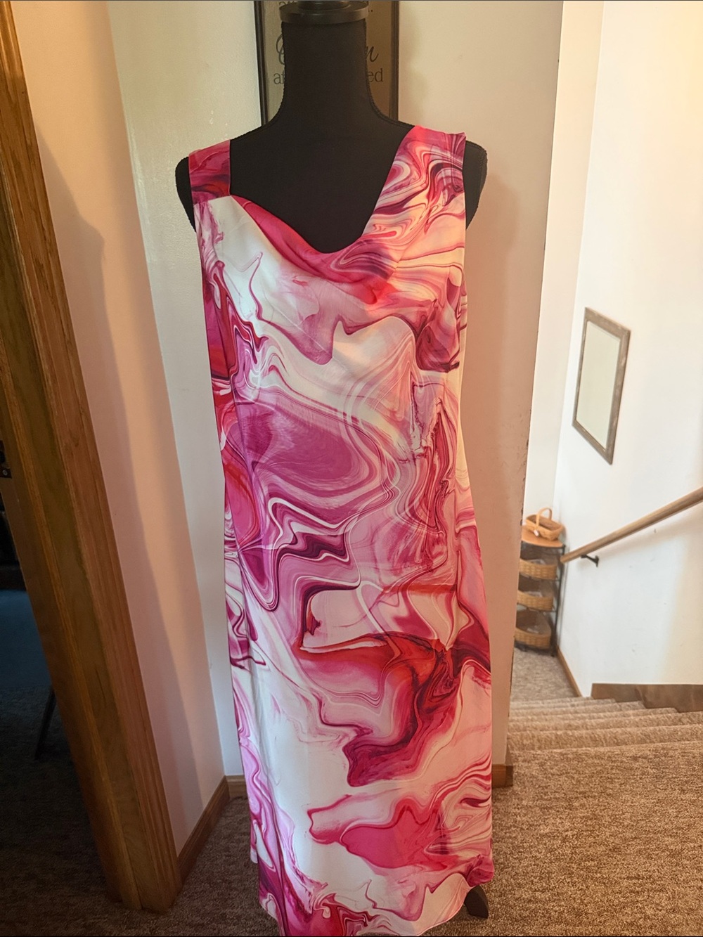 DKNY Pink Marble Print Cowl-Neck Maxi Dress